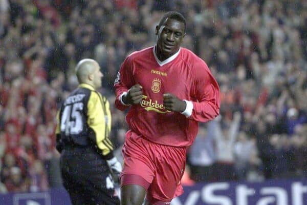 Emile Heskey celebrates scoring Liverpool's 1st goal against Spartak Moscow, during their Champions League, 2002 (PA Images / Alamy Stock Photo)