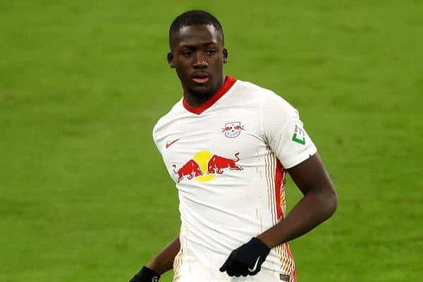 Ibrahima Konate from RB Leipzig plays the ball. Photo: Alexander Hassenstein/Getty Images Europe/Pool/dpa