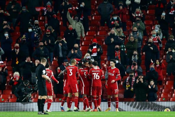 2DFPWA1 Liverpool, UK. 06th Dec, 2020. Joel Matip of Liverpool (c) celebrates with teammates in front of the Liverpool fans after scoring his teams 3rd goal. Premier League match, Liverpool v Wolverhampton Wanderers at Anfield Stadium in Liverpool, England on Sunday 6th December 2020. this image may only be used for Editorial purposes. Editorial use only, license required for commercial use. No use in betting, games or a single club/league/player publications.pic by Chris Stading/Andrew Orchard sports photography/Alamy Live News Credit: Andrew Orchard sports photography/Alamy Live News