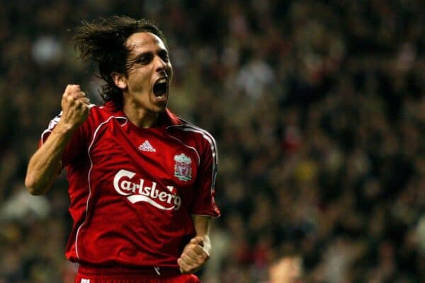 Yossi Benayoun celebrates his hat-trick against Besiktas during their Champions League Group A soccer match at Anfield in Liverpool, northern England, November 6, 2007. REUTERS/Phil Noble (BRITAIN)