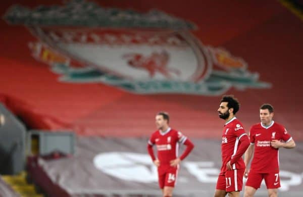 2EA3A92 Liverpool's Mohamed Salah reacts during the Premier League match at Anfield, Liverpool. Picture date: Sunday February 7, 2021. PA Images / Alamy Stock Photo