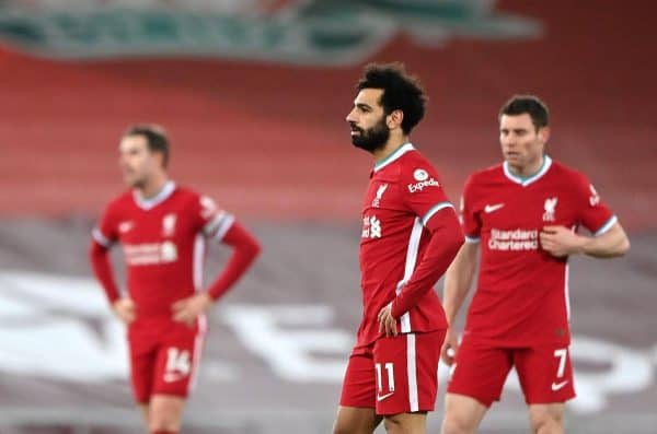 2EA3A92 Liverpool's Mohamed Salah reacts during the Premier League match at Anfield, Liverpool. Picture date: Sunday February 7, 2021. PA Images / Alamy Stock Photo