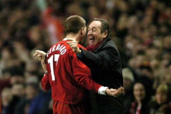 26/2/2004 Steven Gerrard celebrates the first goal with Liverpool manager Gerard Houllier (Image: Action Images / Darren Walsh)