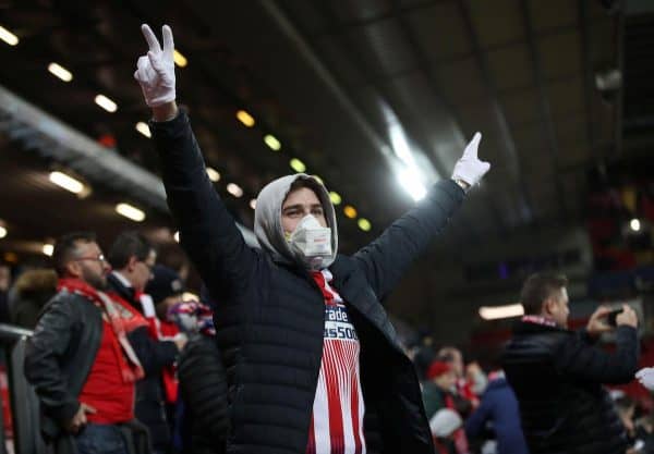 Liverpool v Atletico Madrid - Anfield, - March 11, 2020 Atletico Madrid fan wearing a face mask inside the stadium before the match as the number of coronavirus cases grow around the world Action Images via Reuters/Carl Recine