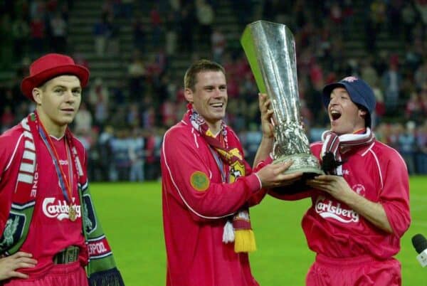 Steven Gerrard , Jamie Carragher and Robbie Fowler celebrate winning the 2001 UEFA Cup (Action Images/Darren Walsh Digital)