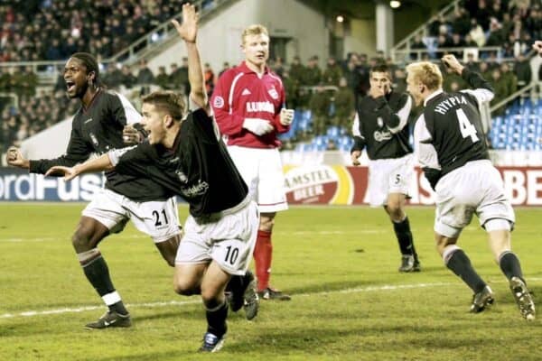 Michael Owen - Liverpool celebrates 1 of his 3 goals against Spartak Moscow (Image: Action Images / Peter Ford)