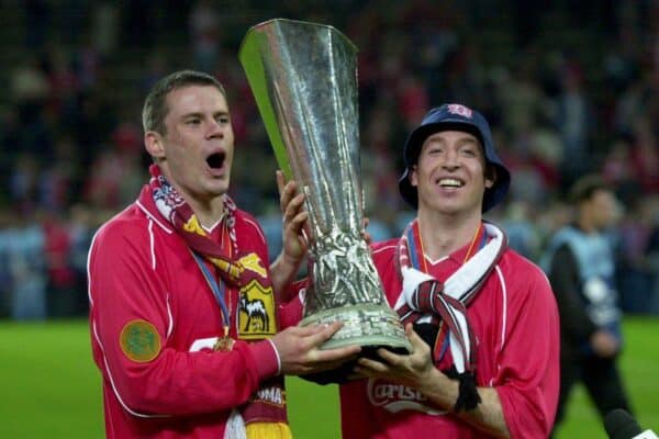 Football - UEFA Cup Final , Liverpool v CD Alaves - 16/5/01 Liverpool's Jamie Carragher and Robbie Fowler celebrate winning the UEFA Cup Mandatory Credit:Action Images/Darren Walsh Digital