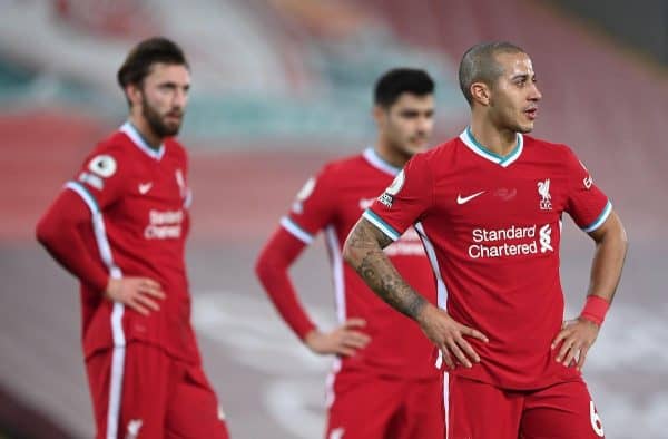 Liverpool's Thiago Alcantara and team-mates appear dejected (Laurence Griffiths / PA Media)