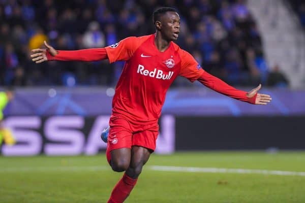 2EPBJB7 Salzburg's Patson Daka celebrates after scoring during the game between Belgian soccer team KRC Genk and Austrian club RB Salzburg, Wednesday 27 November 2019 in Genk, on the fifth day of the group stage of the UEFA Champions League, in the group E. BELGA PHOTO LAURIE DIEFFEMBACQ/SIPA USA