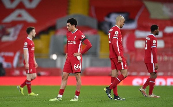 2EXGGE6 Liverpool's Trent Alexander-Arnold (centre) and his team-mates appear dejected after the Premier League match at Anfield, Liverpool. Picture date: Thursday March 4, 2021.