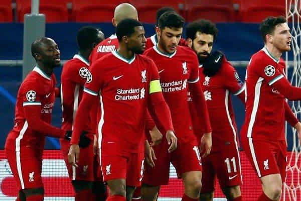 2F26NR0 Liverpool players celebrates the opening goal scored by Mohamed Salah during the UEFA Champions League round of sixteen, second leg match at the Puskas Arena, Budapest. Picture date: Wednesday March 10, 2021.