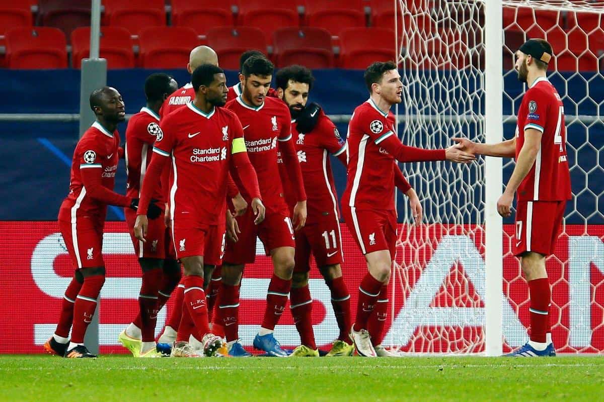 2F26NR0 Liverpool players celebrates the opening goal scored by Mohamed Salah during the UEFA Champions League round of sixteen, second leg match at the Puskas Arena, Budapest. Picture date: Wednesday March 10, 2021.
