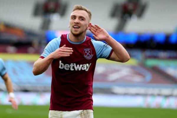 2F4G61K London Stadium, London, UK. 21st Mar, 2021. English Premier League Football, West Ham United versus Arsenal; Jarrod Bowen of West Ham United celebrates his goal for 2-0 in the 17th minute Credit: Action Plus Sports/Alamy Live News