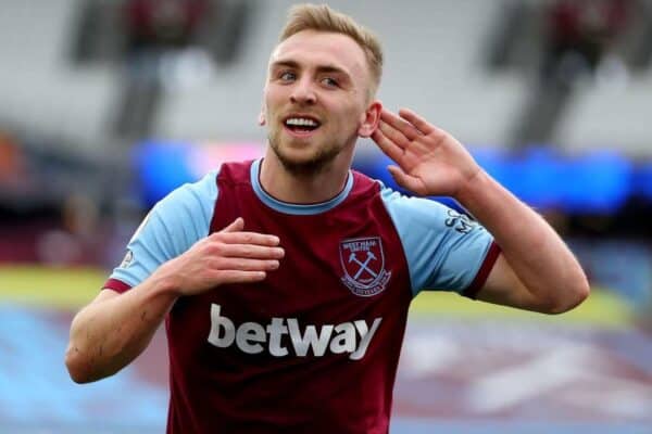 2F4G61K London Stadium, London, UK. 21st Mar, 2021. English Premier League Football, West Ham United versus Arsenal; Jarrod Bowen of West Ham United celebrates his goal for 2-0 in the 17th minute Credit: Action Plus Sports/Alamy Live News