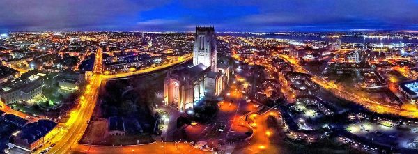 A panoramic aerial view over Liverpool Cathedral.