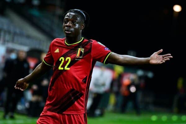 2F68684 Belgium's Jeremy Doku reacts during a qualification game for the World Cup 2022 in the group E between the Belgian national team Red Devils and Belaru