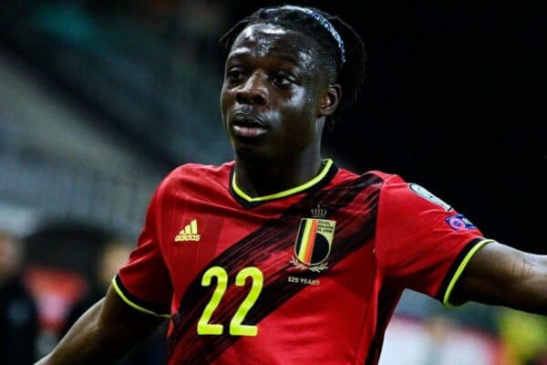 2F68684 Belgium's Jeremy Doku reacts during a qualification game for the World Cup 2022 in the group E between the Belgian national team Red Devils and Belaru