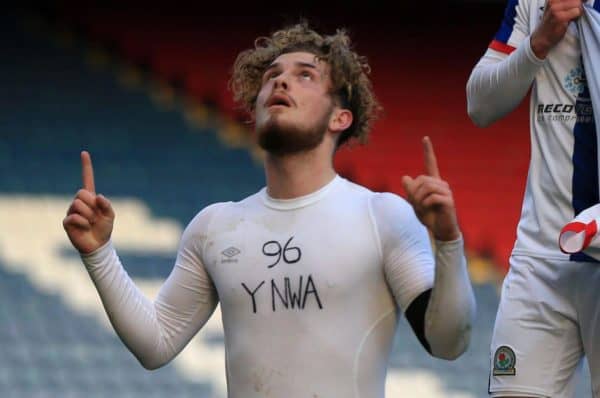 2F9729B Ewood Park, Blackburn, Lancashire, UK. 16th Apr, 2021. English Football League Championship Football, Blackburn Rovers versus Derby County; Harvey Elliott of Blackburn Rovers removes his match shirt to reveal a t shirt with the slogan YNWA 96 in memory of the victims of the Hillsborough disaster as he celebrates after scoring to give his side a 2-1 lead after 66 minutes Credit: Action Plus Sports/Alamy Live News