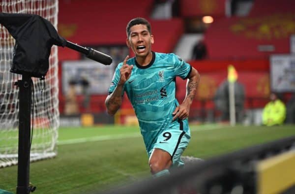 2FN37JJ Liverpool's Roberto Firmino celebrates scoring their side's second goal of the game during the Premier League match at Old Trafford, Manchester. Picture date: Thursday May 13, 2021.