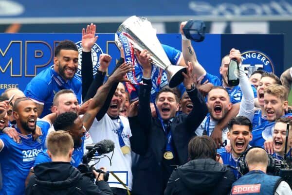 2FN8KC9 Rangers manager Steven Gerrard celebrates with the trophy after winning the Scottish Premiership at Ibrox Stadium, Glasgow. Picture date: Saturday May 15, 2021.