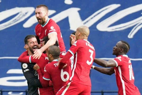 2FND1NB Liverpool goalkeeper Alisson celebrates with teammates after scoring his sides second goal during the Premier League match at The Hawthorns, West Bromwich. Picture date: Sunday May 16, 2021.