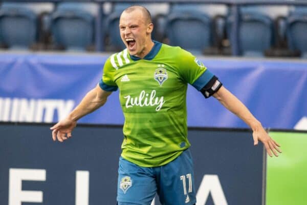 2FNH4EX Seattle Sounders defender Brad Smith (11) reacts to scoring a goal during the second half of an MLS match against LAFC at Lumen Field, Tuesday, May 16, 2021, in Seattle Washington. Sounders FC defeat LAFC 2-0. (Matt Ferris/Image of Sport/Sipa USA )