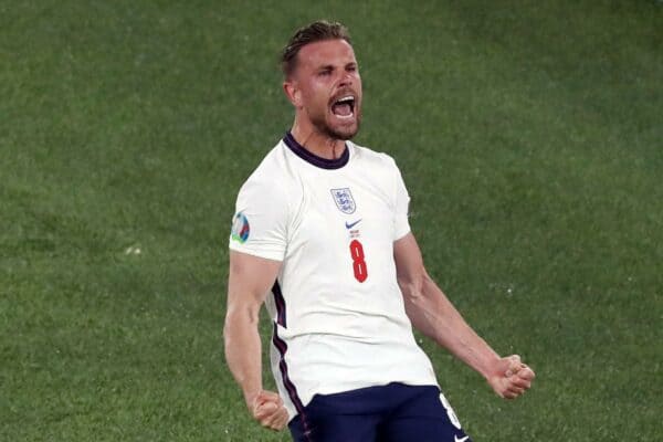 Jordan Henderson of England celebrates scoring their fourth goal during the UEFA Euro 2020 Quarter Final match at the Stadio Olimpico, Rome. Picture credit should read: Jonathan Moscrop / Sportimage