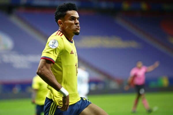 2G6XJ8M Luis Diaz da Colombia, comemora o seu gol durante a partida entre Argentina e Colombia, pela semifinal da Copa America 2021, nesta terca-feira 06. / PRESSINPHOTO