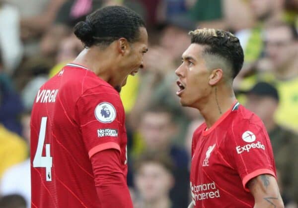 2GDPB8J Norwich, UK. 14th Aug, 2021. Virgil Van Dijk (L) Roberto Firmino (L) celebrate the second Liverpool goal (0-2) at the Norwich City v Liverpool, English Premier League match, at Carrow Road, Norwich. Credit: Paul Marriott/Alamy Live News