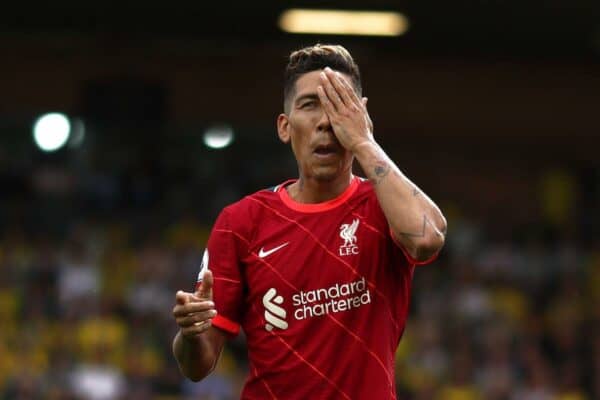 Roberto Firmino of Liverpool celebrates after scoring a goal to make it 0-2 - Norwich City, 2021