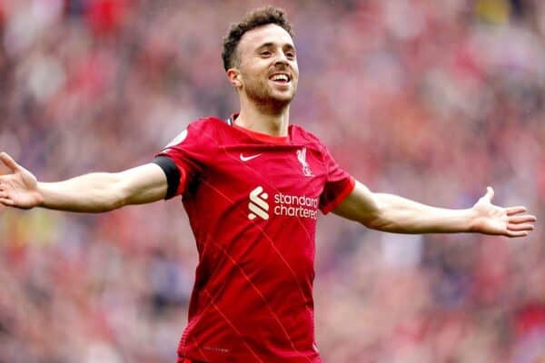 2GERCRP Liverpool's Diogo Jota celebrates scoring their side's first goal of the game during the Premier League match at Anfield, Liverpool. Picture date: Saturday August 21, 2021.