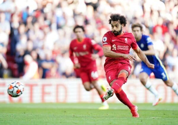 Mohamed Salah scores from the penalty spot vs Chelsea (Image: Mike Egerton / Alamy)