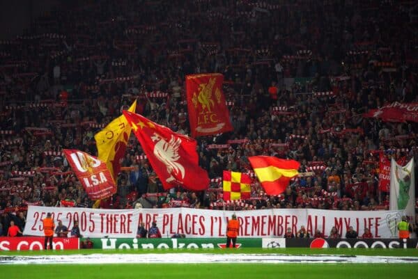 The Kop, Anfield, Istanbul banner, AC Milan, 2021 Champions League (Alamy Photo)