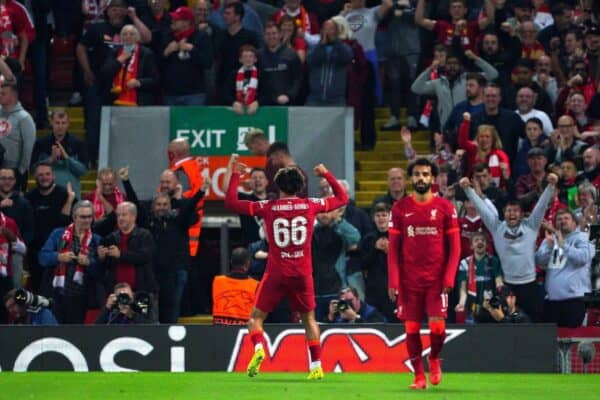 2GKXCMX Liverpool's Trent Alexander-Arnold celebrates scoring their side's first goal of the game during the UEFA Champions League, Group B match at Anfield, Liverpool. Picture date: Wednesday September 15, 2021.