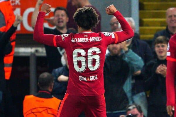 2GKXCMX Liverpool's Trent Alexander-Arnold celebrates scoring their side's first goal of the game during the UEFA Champions League, Group B match at Anfield, Liverpool. Picture date: Wednesday September 15, 2021.