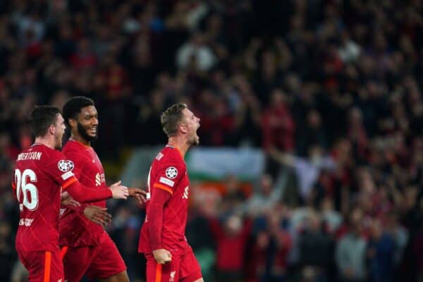 Jordan Henderson (right) celebrates vs. AC Milan (Gomez, Robertson) 2021 (Image: PA Images / Alamy Stock Photo)