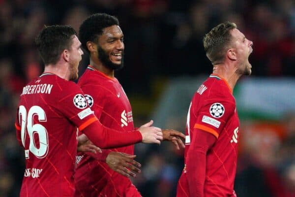 Jordan Henderson (right) celebrates vs. AC Milan (Gomez, Robertson) 2021 (Image: PA Images / Alamy Stock Photo)