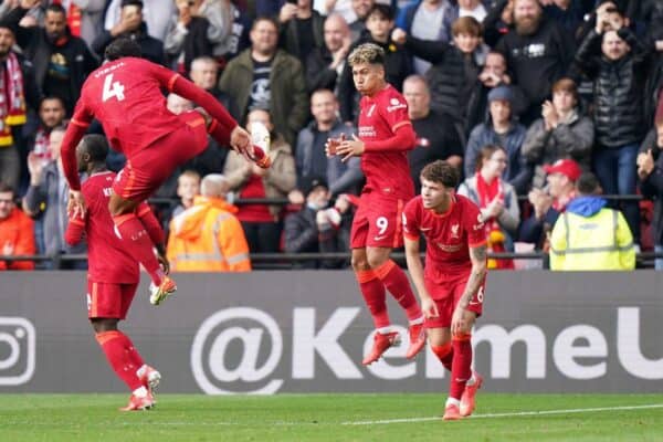 2H1485B Liverpool's Roberto Firmino (second right) celebrates scoring their side's fifth goal of the game during the Premier League match at Vicarage Road, Watford. Picture date: Saturday October 16, 2021.