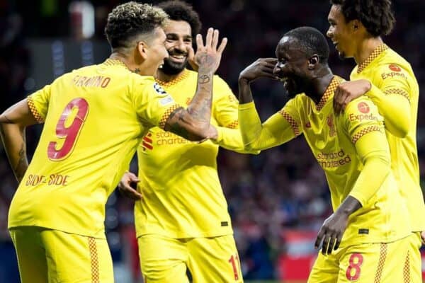 2H214X3 Madrid, Spain. 19th Oct, 2021. Liverpool players celebrate a goal at the Uefa Champions League match between Atletico de Madrid CF and Liverpool FC at the Estadio Metropolitano Stadium in Madrid, Spain. Credit: Christian Bertrand/Alamy Live News