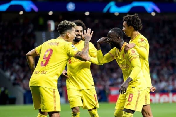 2H214X3 Madrid, Spain. 19th Oct, 2021. Liverpool players celebrate a goal at the Uefa Champions League match between Atletico de Madrid CF and Liverpool FC at the Estadio Metropolitano Stadium in Madrid, Spain. Credit: Christian Bertrand/Alamy Live News