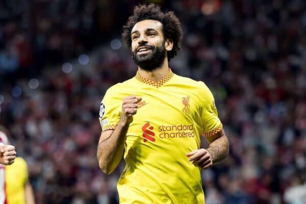 2H21DBN Madrid, Spain. 19th Oct, 2021. Salah celebrates a goal at the Uefa Champions League match between Atletico de Madrid CF and Liverpool FC at the Estadio Metropolitano Stadium in Madrid, Spain. Credit: Christian Bertrand/Alamy Live News