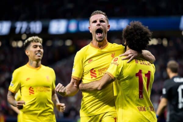 Madrid, Spain. 19th Oct, 2021. Liverpool players celebrate - Henderson, Salah (Image: Christian Bertrand/Alamy Live News)