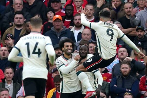 Liverpool's Naby Keita (centre) celebrates scoring their side's first goal of the game with team mates during the Premier League match at Old Trafford, Manchester. Picture date: Sunday October 24, 2021.