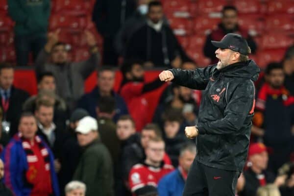 Liverpool manager Jurgen Klopp reacts after the final whistle during the Premier League match at Old Trafford, Manchester. Picture date: Sunday October 24, 2021.
