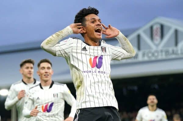 2H74XWC Fulham's Fabio Carvalho celebrates scoring their side's second goal of the game with team-mates during the Sky Bet Championship match at Craven Cottage, London. Picture date: Saturday November 20, 2021.