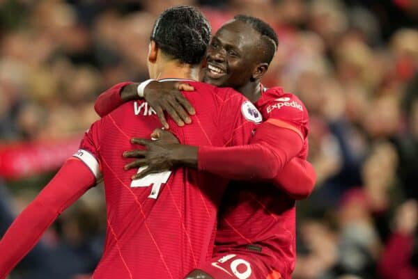 Sadio Mane and Virgil van Dijk of Liverpool celebrates scoring the first goal during the Premier League match at Anfield, Liverpool. (Image: Andrew Yates / Sportimage)