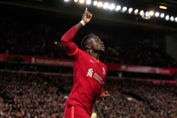 Sadio Mane of Liverpool celebrates scoring the first goal during the Premier League match at Anfield, Liverpool. (Image: Andrew Yates / Sportimage)