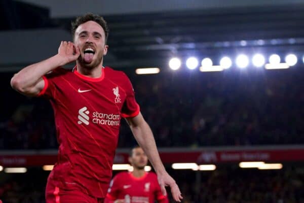 2H75HTX Liverpool's Diogo Jota celebrates scoring their side's second goal of the game during the Premier League match at Anfield, Liverpool. Picture date: Saturday November 20, 2021.