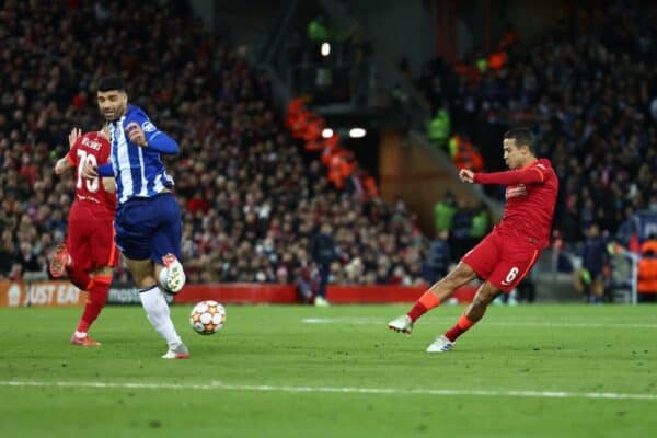 Thiago Alcantara of Liverpool scores the first goal during the UEFA Champions League match at Anfield, (Image: Darren Staples / Sportimage)