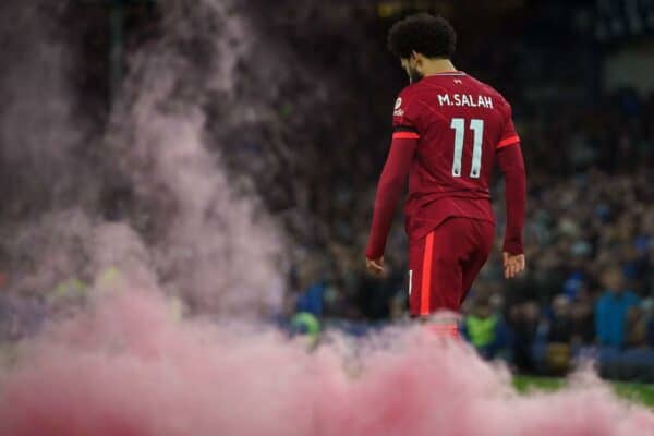 Mohamed Salah celebrates scoring, Everton, Goodison Park. 1 Dec 2021 (Image: PA Images / Alamy Stock Photo)